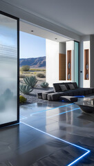 Walking barefoot across the polished basalt floors, subtle motion-activated blue light strips illuminate pathways, enhancing both function and ambiance.