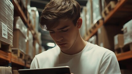 Young man examining inventory in a warehouse environment while focused on his tablet device during work hours