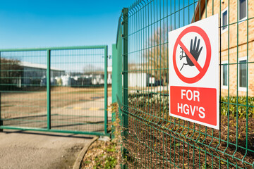 No access to HGV transportation seen at the entrance to the headquarters of a warehouse and distribution centre in the east of England. HGVs need to use another gated entrance in the vicinity.