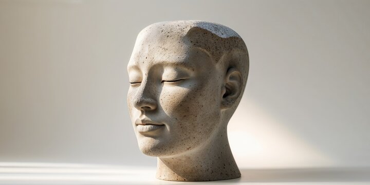 Stone head sculpture with closed eyes on a neutral background