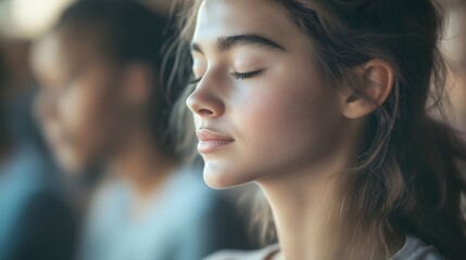 Close-up of a young woman meditating with closed eyes, embracing tranquility in a serene environment during a mindfulness session