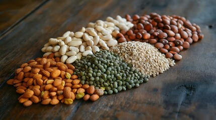 Colorful assortment of thiamin-rich food products arranged on a wooden surface showcasing various grains, nuts, and seeds