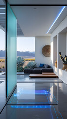 Walking barefoot across the polished basalt floors, subtle motion-activated blue light strips illuminate pathways, enhancing both function and ambiance.