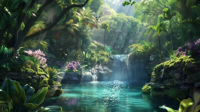 Hidden jungle waterfall cascading into a crystal-clear lagoon surrounded by lush greenery, seamless looping 4k time-lapse video animation background 