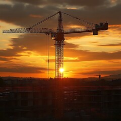 Construction Crane Silhouetted Against Vibrant Sunset Sky