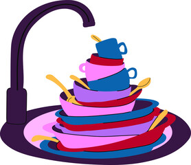 A sink overflowing with unwashed dishes, representing the mess and chaos of household chores