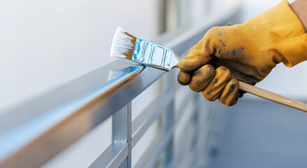 Skilled workers use brushes to apply blue paint to a metallic railing, enhancing the aesthetic of a modern building's exterior