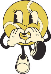 Groovy retro cartoon tennis ball character, with a fun and funky 70s design