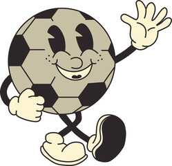 Retro cartoon style soccer ball character, featuring a groovy 70s design. Fun, colorful, and perfect for vintage sports themes