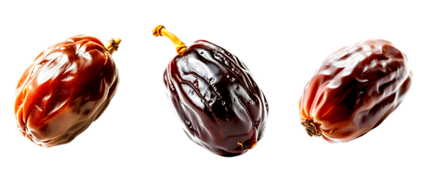 Glossy dates in a wooden bowl isolated on transparent background showcasing their rich brown color and smooth texture