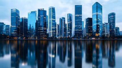Fototapeta premium Illuminated Futuristic City Skyline Reflecting on Tranquil Water at Night