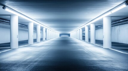 A spacious, well-lit underground parking garage with smooth, reflective surfaces.