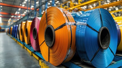 Colorful metal coils stacked in factory warehouse.