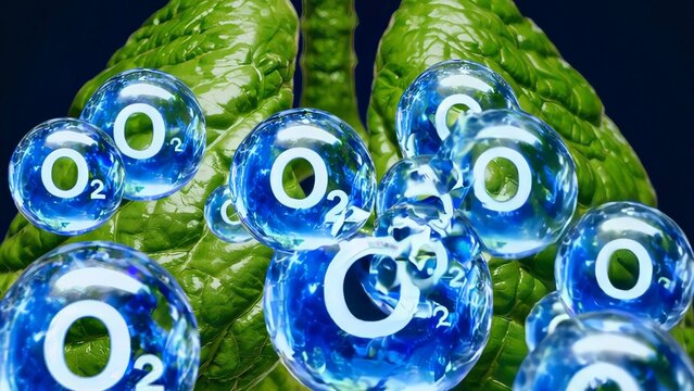 Molecular oxygen, blue spherical units with o2 symbol, drifting alongside verdant green leaves, representing photosynthetic oxygen generation supporting biological processes