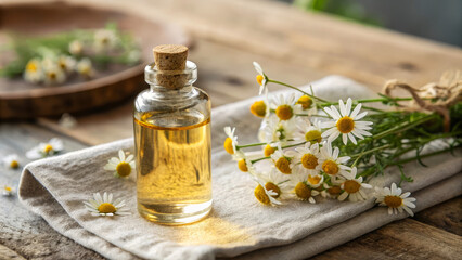Glass bottle of herbal oil beside fresh chamomile flowers on rustic wooden table
