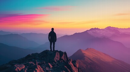 Fototapeta premium Summit Silhouette: A lone figure stands atop a mountain peak, silhouetted against a vibrant, colorful sunset, embodying introspection and the pursuit of goals.