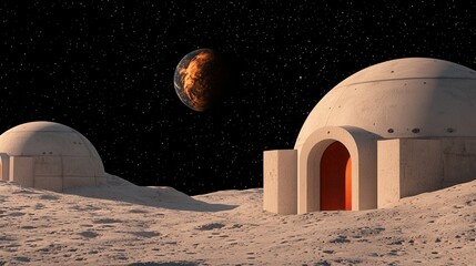 A futuristic lunar landscape features domed structures under a starry sky, with Mars visible in the background, suggesting human habitation beyond Earth.