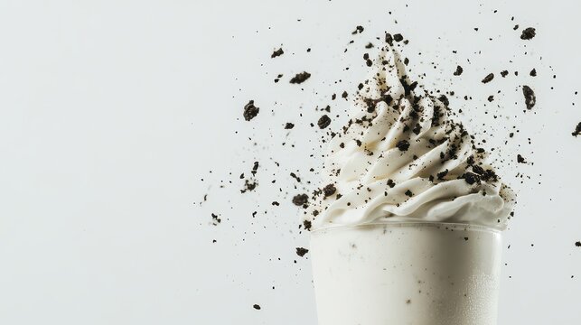 Ultra-sharp studio shot of a cookies and cream milkshake with crushed Oreos, whipped cream topping, and a minimalistic white backdrop.