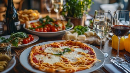 A vibrant table is beautifully arranged with an array of Italian dishes including savory pizza and fresh pasta, complemented by wine and garnished with basil, offering a delightful dining experience