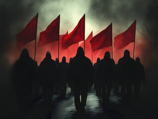 Red Flag Protest March in Foggy Forest