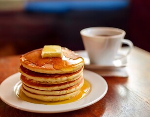 Syrup drizzled pancakes accompanied by coffee, resting on rustic wooden surface near melting butter pat