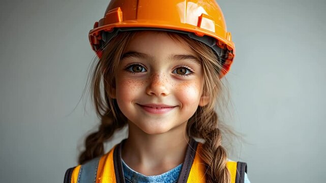 Little Builder's Confidence: An adorable little girl, her radiant smile and determined eyes under an orange hardhat, embodies the spirit of a young builder.