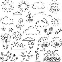Fototapeta premium Design Vector Coloring Nature Landscape. black and white trees and bushes of different shapes, flowers tulips, grass, clouds and the sun isolated on white background