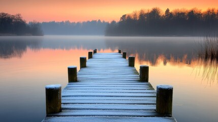 Obraz premium Frosty wooden pier extending into a calm, misty lake at sunrise.