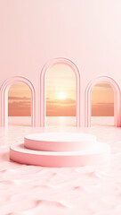 two-tiered display stand in a minimalist pink room with three arched windows showcasing a serene sunset over the ocean