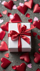 Valentine's Day Gift Box with Red Ribbon and Heart Confetti on Stone Background | Perfect for Holiday Marketing Campaigns