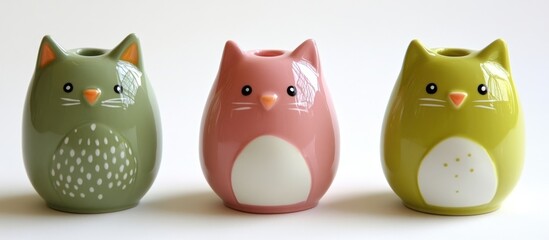 Adorable Cat-Shaped Toothbrush Holders: Green, Pink, and Yellow Ceramic Trio
