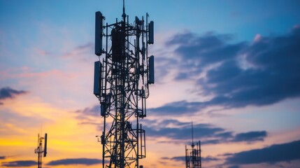 Communication Tower at Sunset Depicting Modern Technology and Connectivity