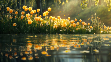 A serene flower garden near a reflective pond with sunlit yellow tulips, showcasing nature beauty, calm, and outdoor nature scene.