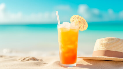 Obraz premium Refreshing Tropical Beverage on Sandy Beach with Straw and Paper Umbrella under Bright Blue Sky