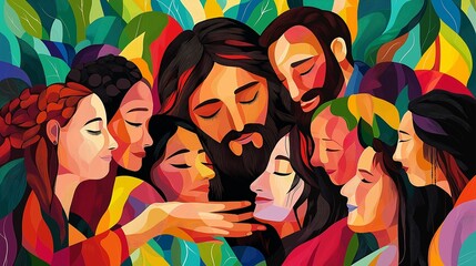illustration of Jesus embracing a diverse group of people, with vibrant colors symbolizing unity and love across cultures and backgrounds, showing His compassion and inclusivity.