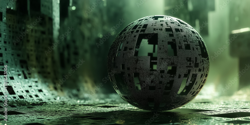 Fototapete A captivating spherical structure embodies a data matrix, surrounded by a shifting digital terrain. Patterns flow and transform, creating an enchanting visual experience in this imaginative realm