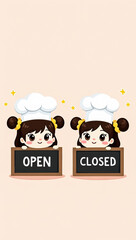 Naklejka premium two cute cartoon chefs holding open and closed signs