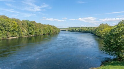 Serene River Landscape with Lush Green Banks and Distant Bridge