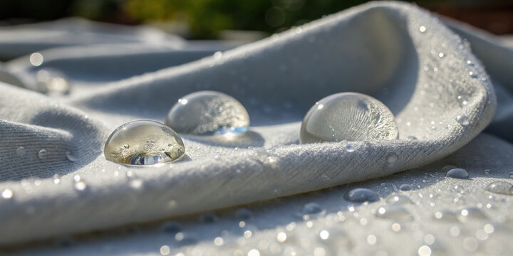 Water droplets on light fabric surface, showcasing hydrophobic properties in sunlight