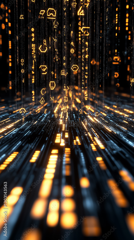 Poster futuristic symbols cascade down in a digital matrix, enveloping a virtual environment with holograph
