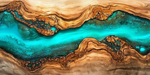 A stunning aerial view of old cracked wood featuring a turquoise epoxy river.