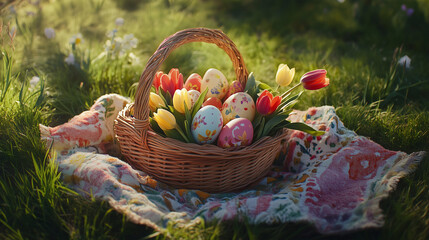 A colorful outdoor spring holiday celebration in nature with a festive Easter picnic in park, decorated eggs, and family enjoying outdoor activity.
