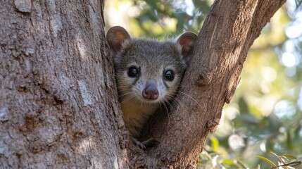 Obraz premium Adorable young African mongoose peeking from tree hole.