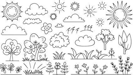 Abstract trees leaves and bushes patterns executed by pen, font sample,  isolated on white background