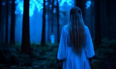 Woman in White Dress, Misty Forest