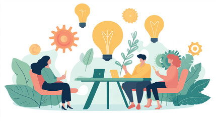 Innovative Ideas Exchange. Flat illustration of team members sitting in a table discussion, sharing innovative ideas depicted as floating lightbulbs and gears.