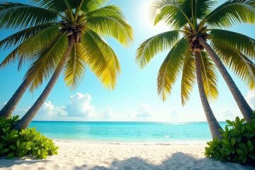 Obraz premium Sun-drenched coconut palms arch over white sand beach Vintage filter effect , horizon, vacation, coconut palm