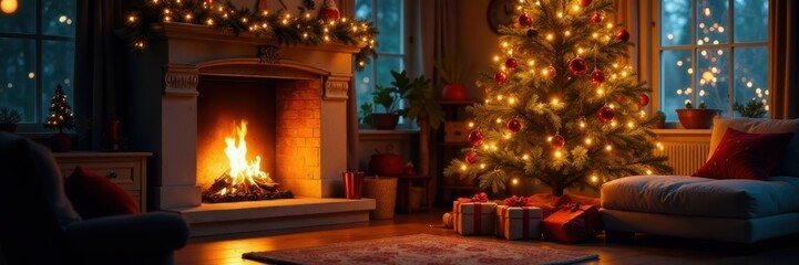 Tall decorated tree beside a lit fireplace, warm ambiance, garland, snug