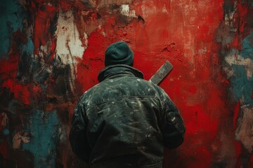 Fototapeta premium Artist gazes upon vibrant abstract painted mural.