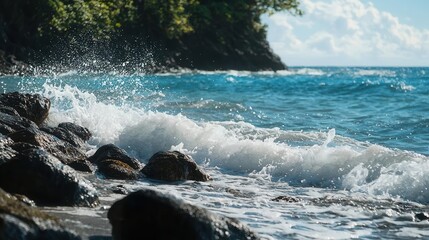 Fototapeta premium Ocean Waves Crashing on Rocky Shore White Foam Blue Water
